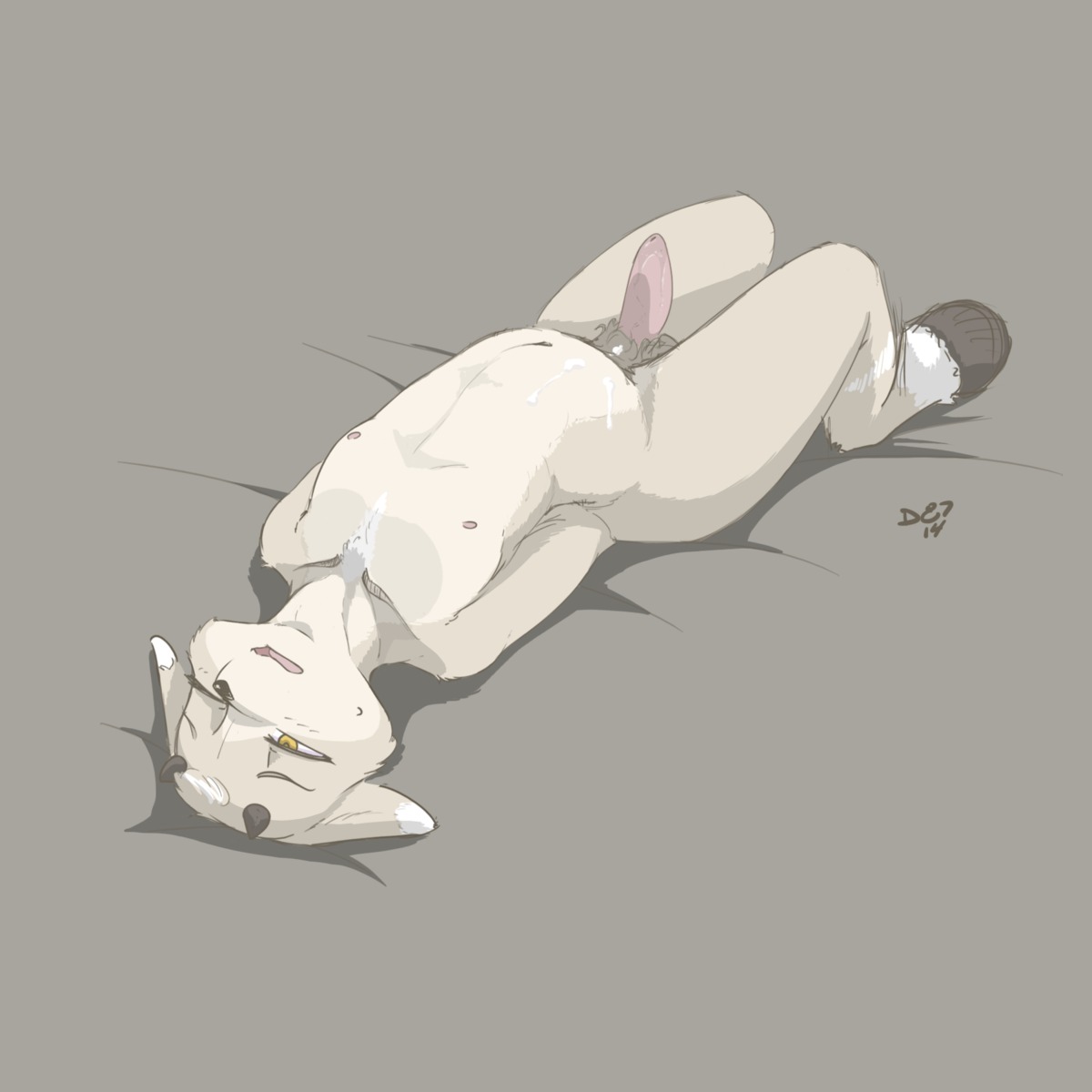 1:1 bodily_fluids bovid caprine devo87 e621 erection genital_fluids genitals goat hands_behind_back hi_res horn lying male mammal nipples nude on_back penis precum pubes solo