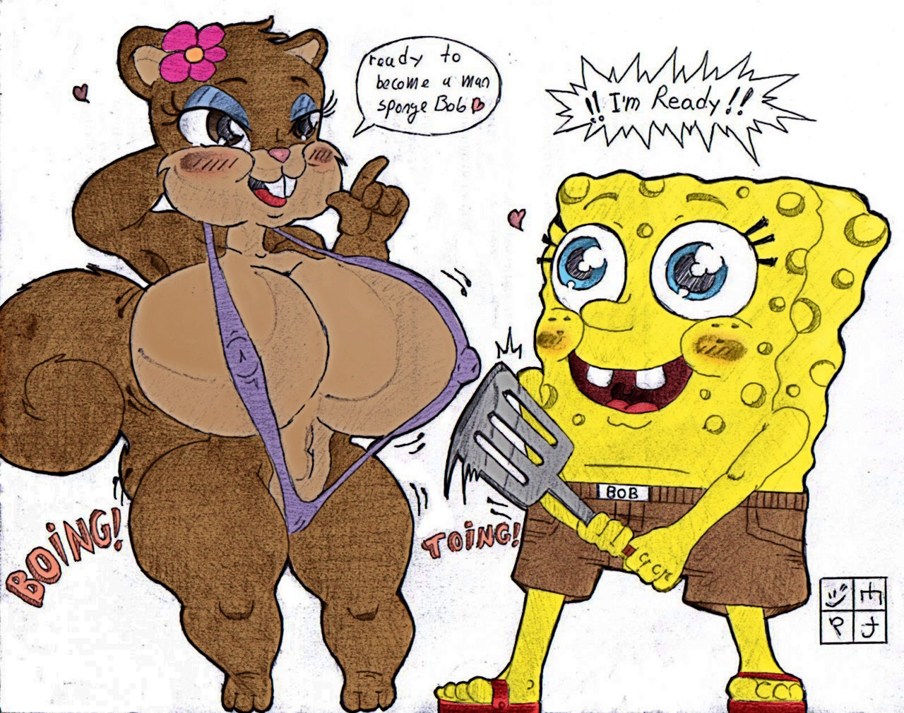 anthro aquatic blue_eyes blush breasts brown_eyes clothing duo e621 eastern_grey_squirrel english_text female flower footwear grey_squirrel hyper kitchen_spatula kitchen_utensils mammal nickelodeon nipples plant rodent sandals sandy_cheeks sciurid sea_sponge shoes simple_background spatula spongebob_squarepants spongebob_squarepants_(character) tail teeth text tools tree_squirrel unknown_artist white_background