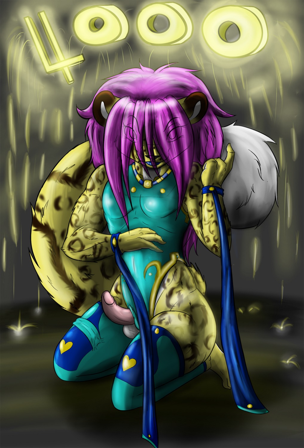 anthro bieesha celebration cheetah clothed clothing crossdressing digital_media_(artwork) e621 erection felid feline femboy fireworks foreskin genitals get glowing hair hi_res humanoid_genitalia humanoid_penis makarimorph male mammal penis pink_hair retracted_foreskin ribbons solo sparks spots