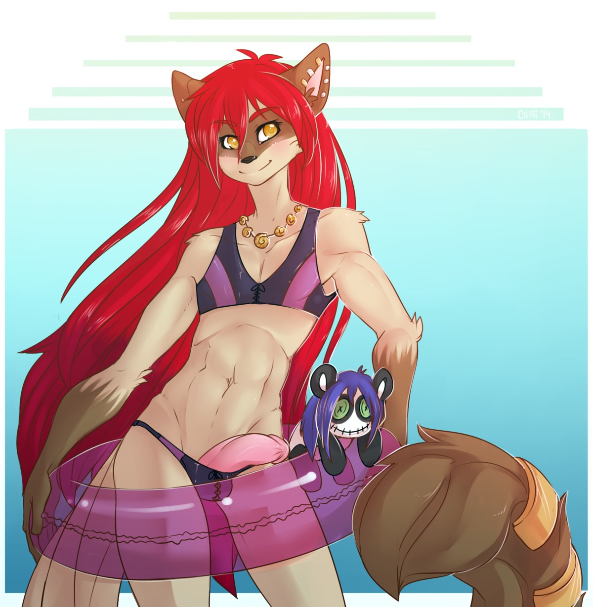 2014 amber_eyes animate_inanimate anthro balls_in_underwear bikini bikini_bottom bikini_top biped black_nose brown_body brown_fur bulge caninelove circumcised clothed clothing crossdressing digital_media_(artwork) domestic_cat e621 ear_piercing felid feline felis femboy fur genitals hair half-erect hi_res humanoid_genitalia humanoid_penis inflatable jewelry leona_(aka)_little_one living_plushie long_hair looking_at_viewer male mammal navel necklace penis penis_poking_out piercing plushie pool_toy red_hair shaded sledge_revorse smile solo standing swim_ring swimwear two-piece_swimsuit