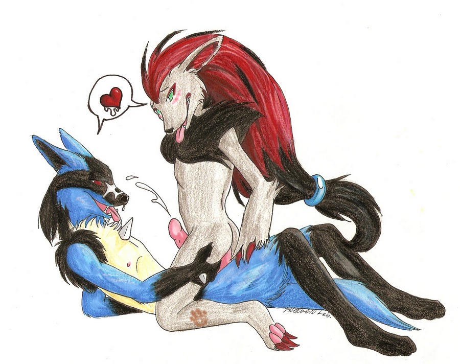 anal anal_penetration anthro anthrofied black_markings blue_body blue_fur bodily_fluids canid canine cowgirl_position cum cumshot duo e621 ejaculation erection from_front_position fur generation_4_pokemon generation_5_pokemon genital_fluids genitals green_eyes grey_body grey_fur heart_symbol humanoid_genitalia humanoid_penis iko ikorane love lucario male male/male male_on_bottom male_on_top male_penetrated male_penetrating male_penetrating_male mammal markings nintendo on_bottom on_top open_mouth orgasm penetration penis pokemon pokemon_(species) pokemorph red_eyes sex straddling tail tongue zoroark