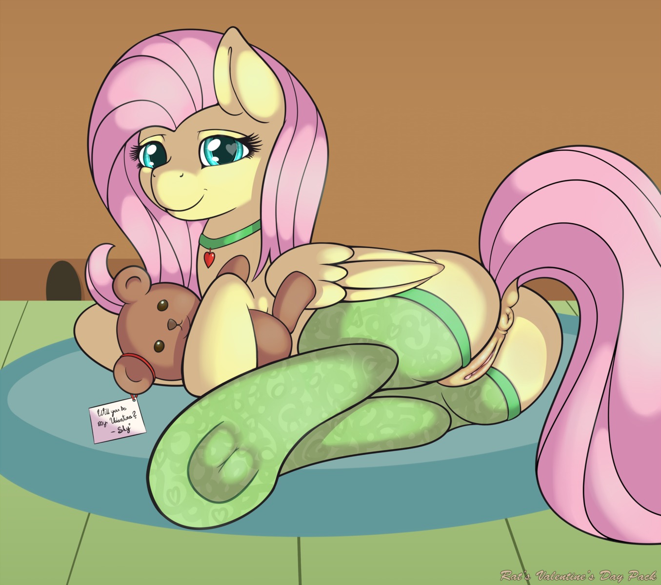 2014 absurd_res anus blue_eyes carpet clitoris clothing digital_media_(artwork) e621 english_text equid equine feathered_wings feathers female feral fluttershy_(mlp) friendship_is_magic fur genitals hair hasbro heart_eyes heart_symbol hi_res hooves inside jewelry legwear long_hair looking_at_viewer lying mammal my_little_pony mythological_creature mythological_equine mythology necklace on_side pegasus pink_hair plushie raised_tail ratofdrawn shaded simple_background smile solo stockings tail teddy_bear text vulva wings yellow_body yellow_feathers yellow_fur