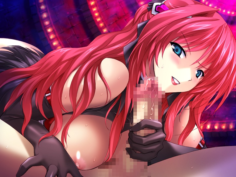 1boy 1girls black_gloves blue_eyes censored choukou_(alicesoft) choukou_tenshi_escalayer corruption dark_persona dominatrix escalayer evil eyebrows_visible_through_hair female femdom gloved_handjob gloves handjob light-skinned_female light-skinned_male light_skin lipstick magical_girl male pink_hair red_eyebrows red_hair rule34 transformation