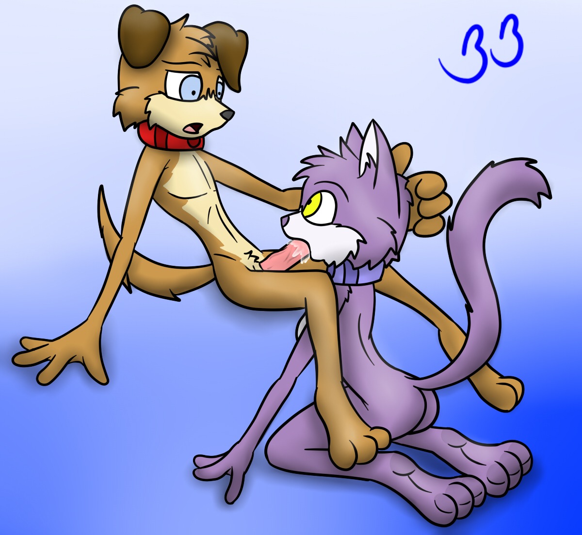 anthro anthro_on_anthro breasts canid canine canis collar domestic_cat domestic_dog duo e621 erection felid feline felis fellatio female female_penetrated genitals grape_jelly_(housepets!) housepets! male male/female male_penetrating male_penetrating_female mammal oral oral_penetration peanut_butter_(housepets!) penetration penile penis sex signature tail thebb toony