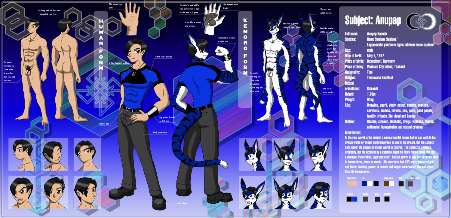 abs abstract_background absurd_res anupap balls belt black_hair blue_body blue_fur bottomwear brown_eyes clothing e621 english_text eyes_closed fangs felid flaccid footwear fur genitals hair hi_res human hybrid jewelry lagomorph leporid looking_at_viewer male mammal model_sheet necklace nipples nude open_mouth pantherine pants penis pubes rabbit shirt shoes simple_background solo stripes tattoo teeth text tiger topwear white_body white_fur