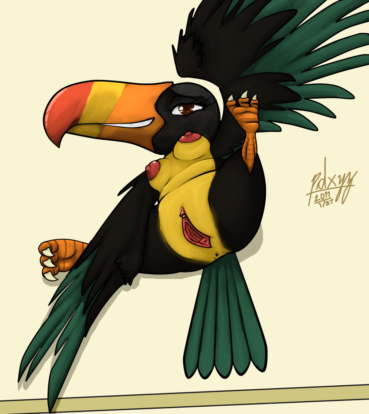 2011 anthro anus avian beak biped bird black_body black_feathers breasts brown_eyes butt cartoon_network claws clitoris e621 feathered_wings feathers female genitals green_body green_feathers hi_res keel-billed_toucan looking_at_viewer lupe_toucan lying my_gym_partner's_a_monkey nipples non-mammal_breasts non-mammal_nipples nude on_back pdxyz piciform presenting presenting_hindquarters presenting_vulva solo spread_legs spreading tail tail_feathers teeth toothed_beak toucan true_toucan vulva wings
