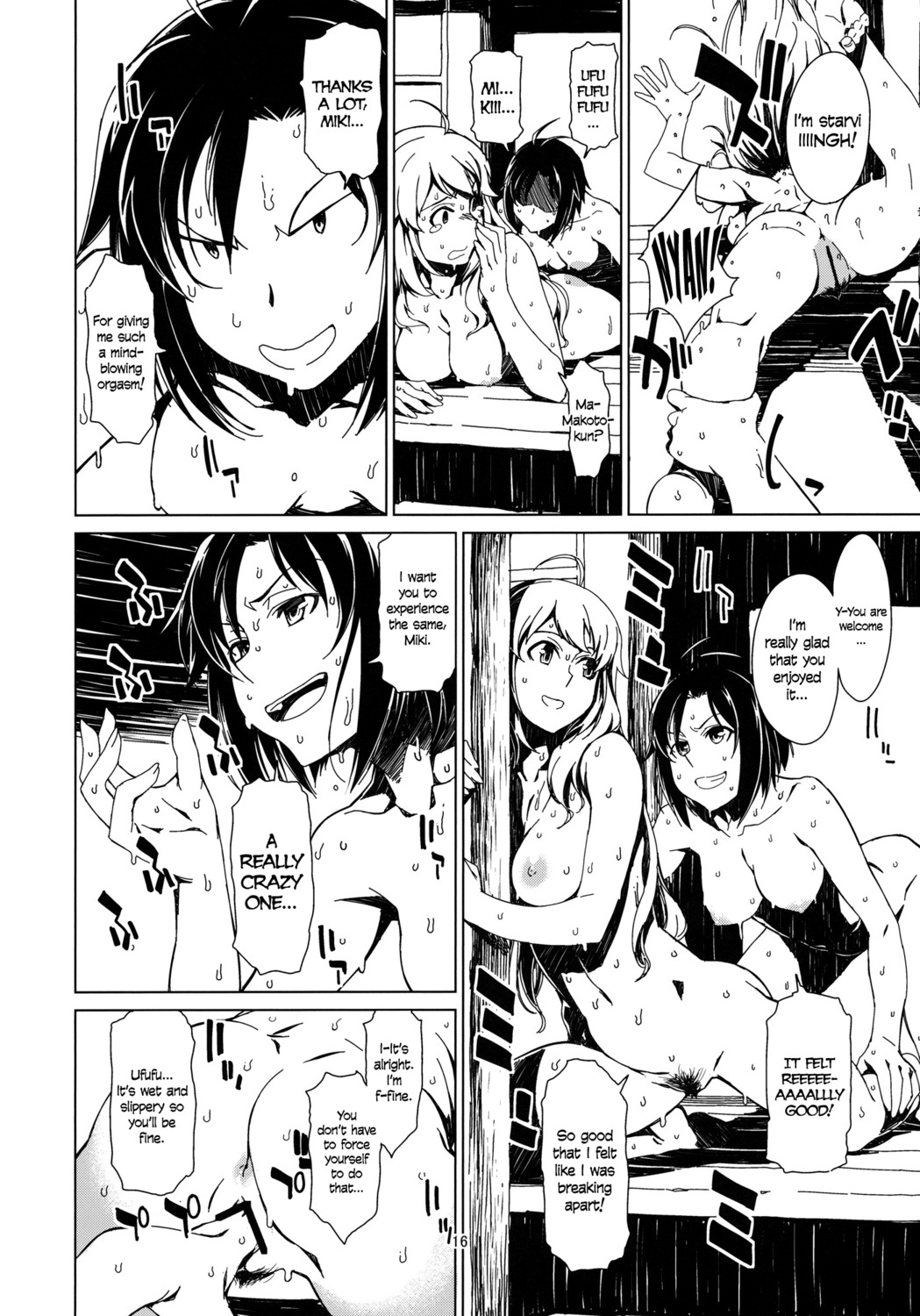 2girls backlighting bar_censor black_hair blonde_hair blue_sky censored comic english_text female female_only fingering food hoshii_miki idolmaster kikuchi_makoto leg_grab long_hair mouth_hold multiple_females multiple_girls navel nipples nude open_mouth oppai page_16 paper_fan popsicle producer_(idolmaster) right_to_left rule34 shadow short_hair shouji spread_legs summer sweat sweatdrop takemura_sesshuu translated tree tupet yuri