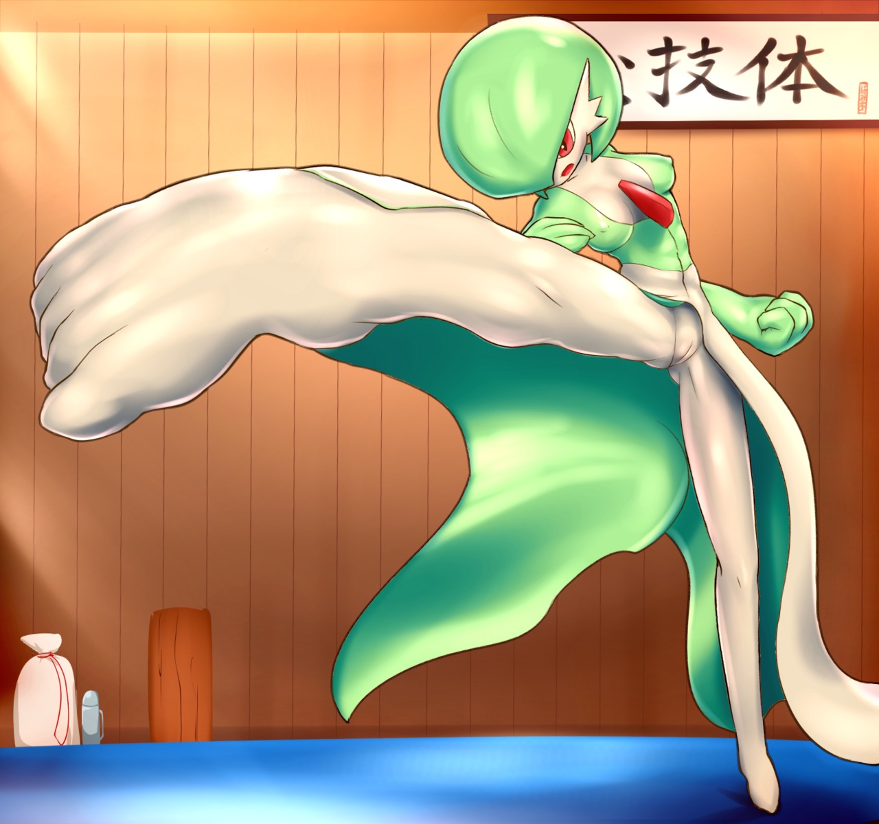 2014 3_fingers 5_toes bamia bottomless breasts clothed clothing digital_media_(artwork) e621 feet female fingers fist flexible foreshortening gardevoir generation_3_pokemon genitals green_hair hair hi_res high_kick japanese_text karate kick mammal nintendo not_furry one_leg_up open_mouth pokemon pokemon_(species) raised_leg red_eyes solo splits spread_legs spreading standing text toes vertical_splits vulva white_body