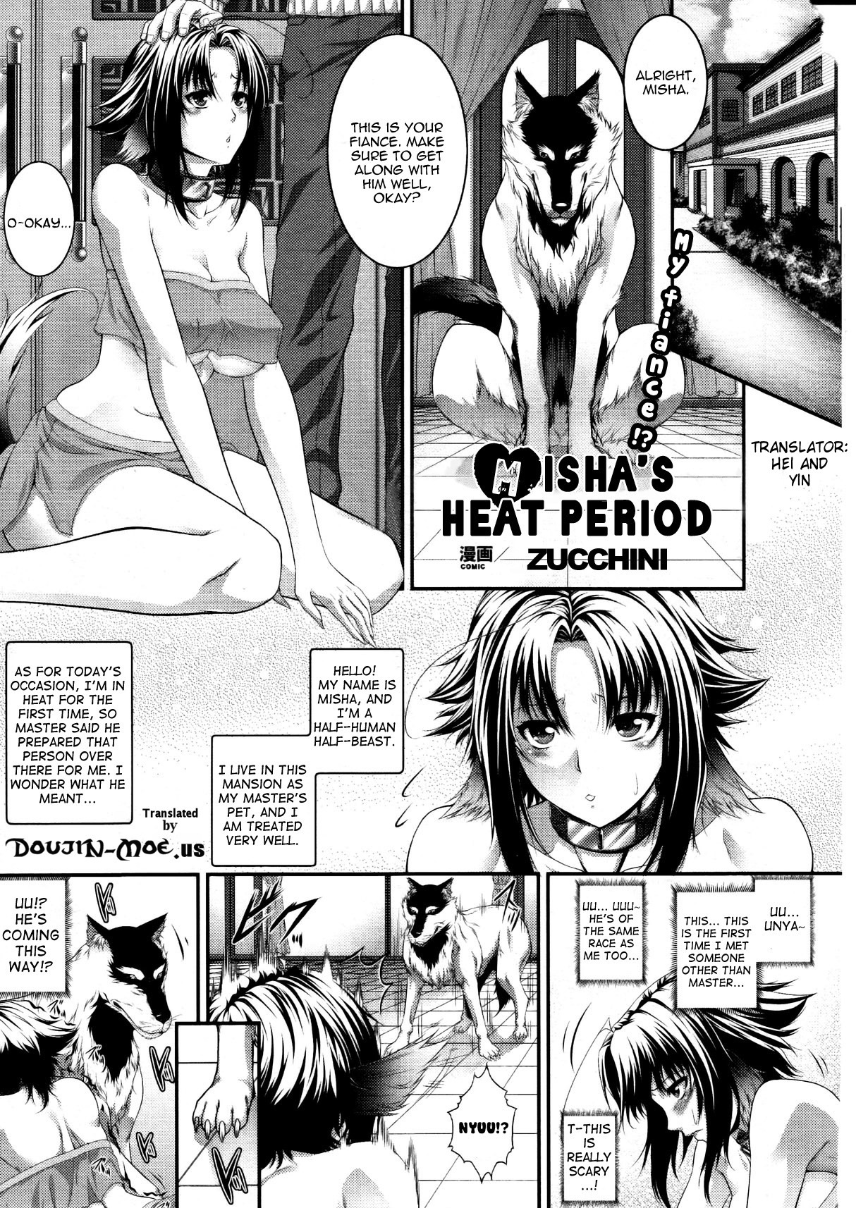 bestiality big_breasts breasts canid canine canis comic dialogue digitigrade domestic_dog e621 english_text faceless_character faceless_male female female_on_feral feral genitals greeting greyscale group hi_res humanoid humanoid_on_feral interspecies japanese_text male male/female mammal misha's_heat_period_(comic) misha_(misha's_heat_period) monochrome penis quadruped submissive tail text zucchini_(artist)