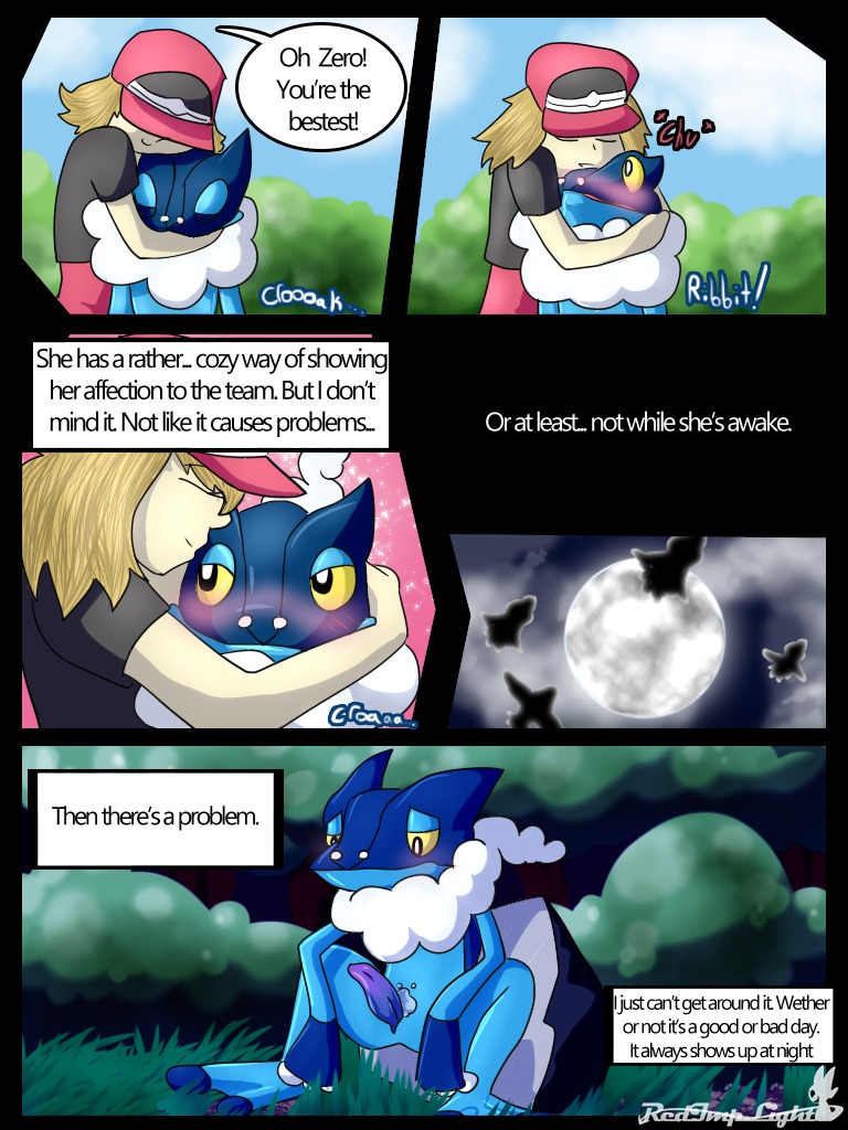 3:4 ambient_flier amphibian animal_noises blonde_hair blush cherry_the_trainer_(redimplight) chu_(sound_effect) comic croaking detailed_background dialogue digital_media_(artwork) duo e621 english_text erection eyes_closed female forest frogadier generation_6_pokemon genitals hair human male mammal night nintendo outside penis plant pokemon pokemon_(species) redimplight text tree zero_(redimplight)