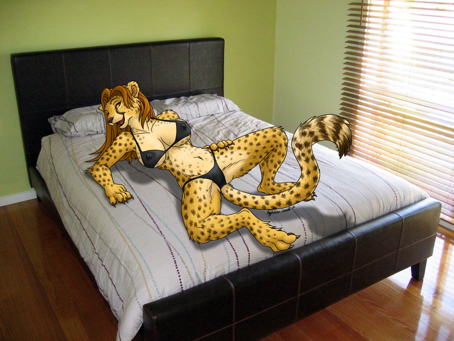 2008 4:3 anthro bed bikini biped breasts camel_toe cheetah clothed clothing e621 felid feline female fur furniture hi_res hyhlion inside lying mammal nipples on_back on_bed skimpy solo spread_legs spreading swimwear third-party_edit two-piece_swimsuit yellow_body yellow_fur