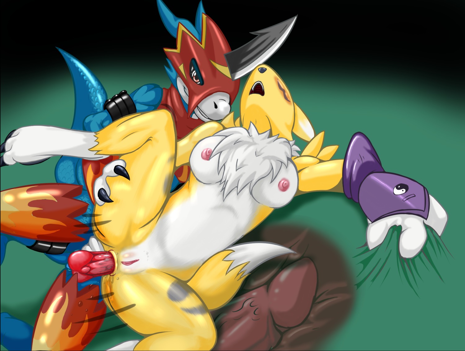 2014 anal anal_penetration anthro anthro_on_anthro anus areola balls bandai_namco big_breasts blue_body blue_skin breasts canid canine countershading digimon digimon_(species) dipstick_tail duo e621 erect_nipples erection eyes_closed female female_penetrated flamedramon fur genitals hi_res internal male male/female male_penetrating male_penetrating_female mammal markings multicolored_body multicolored_fur multicolored_tail nipples penetration penis renamon scalie sex smile spazman tail tail_markings two_tone_body two_tone_fur two_tone_tail vulva white_body white_fur white_tail white_tail_tip yellow_body yellow_fur yellow_tail yin_yang