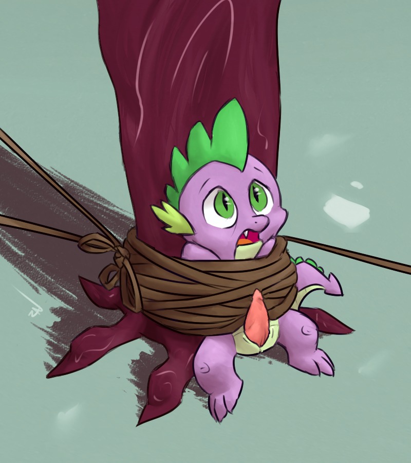anthro bound dragon e621 erection friendship_is_magic genitals green_eyes hasbro male my_little_pony mythological_creature mythological_scalie mythology outside penis plant ponchuzn scalie solo spike_(mlp) submissive submissive_male tail tree tree_bondage young young_anthro young_male