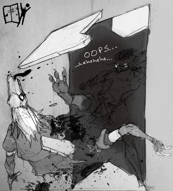 3_missing_limbs angry anthro blood bodily_fluids bottomwear claws clothing cybernetics cyborg death demon dialogue digitigrade door duo e621 english_text feet gore grotesque_death hair kick lethal_doors loincloth machine male monochrome nipples scalie text toes
