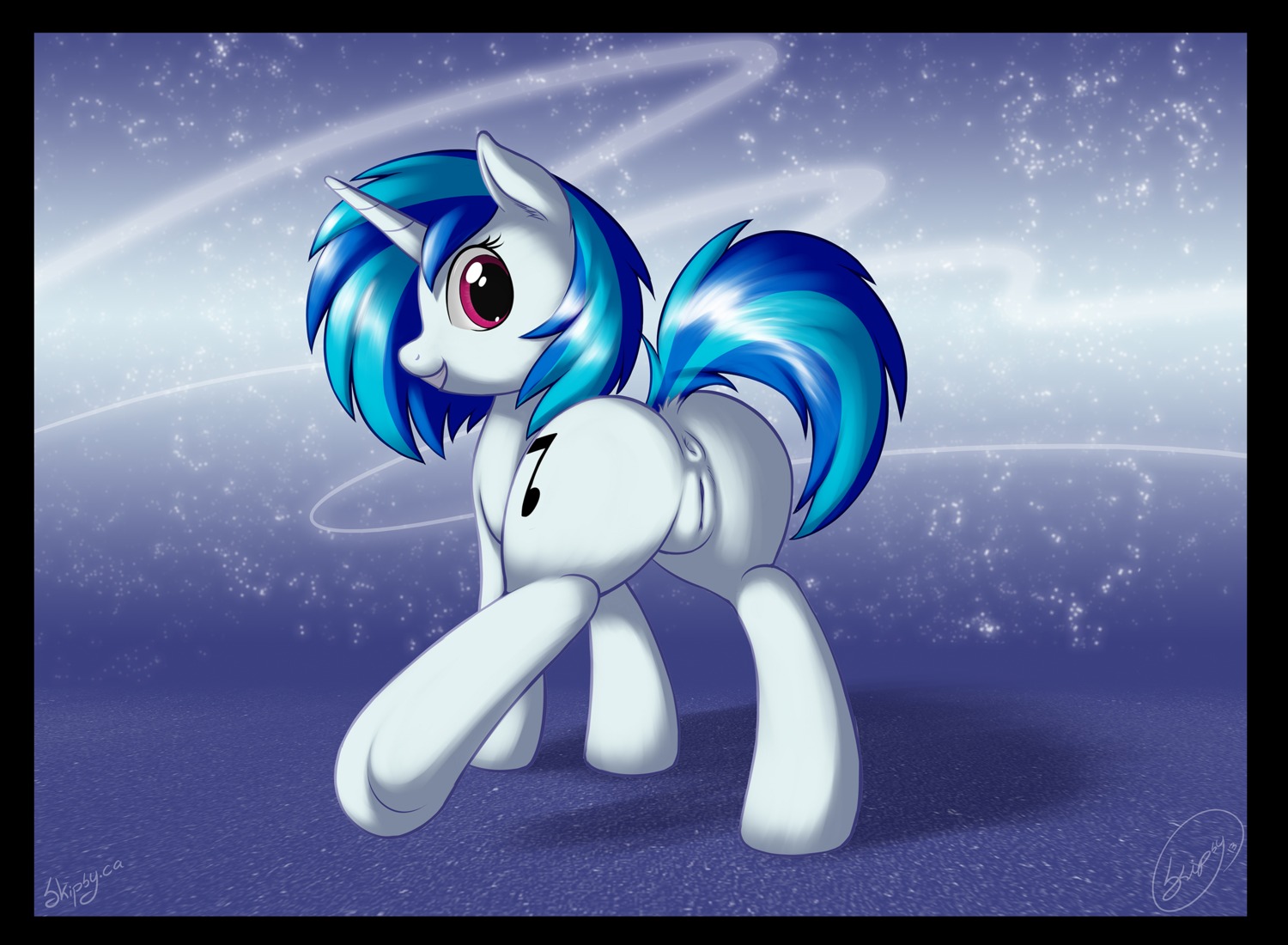 abstract_background anus black_border blue_hair border butt cutie_mark e621 equid equine female feral friendship_is_magic genitals hair hasbro hi_res horn looking_at_viewer looking_back mammal my_little_pony mythological_creature mythological_equine mythology nude presenting presenting_hindquarters presenting_vulva purple_eyes quadruped simple_background skipsy solo tail unicorn vinyl_scratch_(mlp) vulva white_body