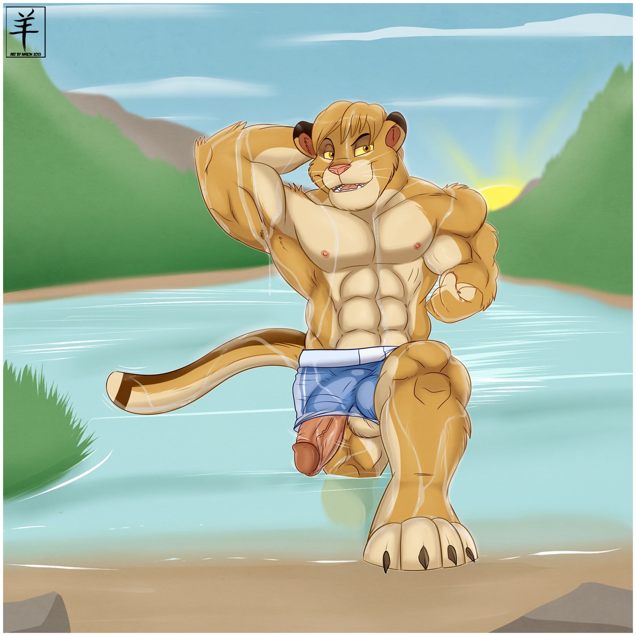 1:1 2013 aaron_(artist) abs amber_eyes anthro athletic balls bath beckoning biceps big_muscles big_penis biped blonde_hair blue_bottomwear blue_clothing border bottomwear brown_body brown_eyes brown_fur brown_hair bulge claws clothed clothing clothing_aside cougar crouching digital_media_(artwork) e621 erection fangs felid feline flexing fur genitals gesture grin hair hi_res humanoid_genitalia humanoid_penis looking_at_viewer lun male mammal muscular muscular_anthro muscular_male nipples orange_eyes partially_submerged pecs penis penis_poking_out penis_through_leghole pink_nose presenting shorts smile solo standing step_pose swimwear tail tan_body tan_fur teeth tight_bottomwear tight_clothing toe_claws topless underwear underwear_aside vein wardrobe_malfunction water wet whiskers white_border