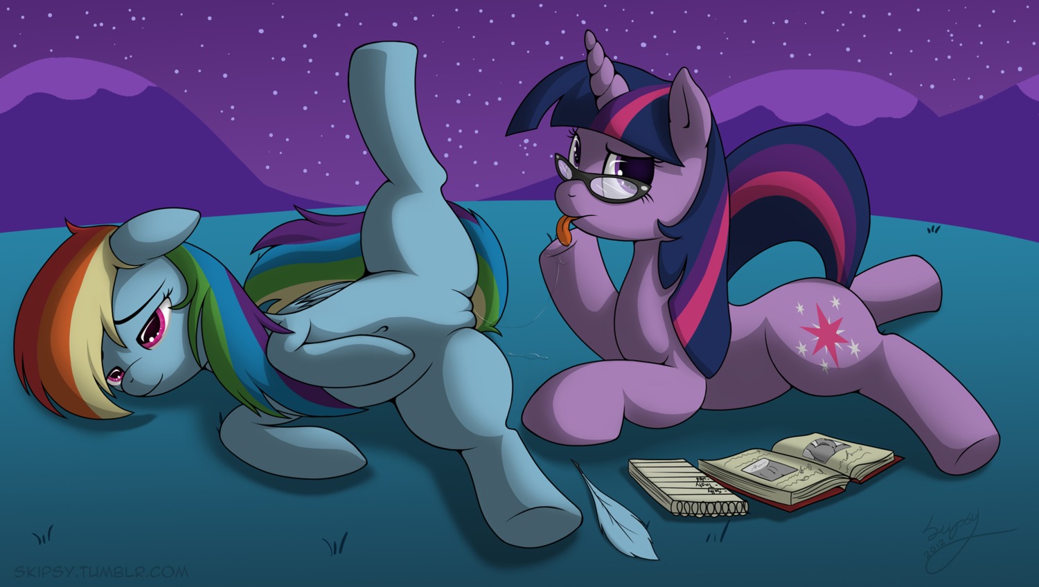 2012 blue_body blue_feathers blue_fur bodily_fluids book cutie_mark duo e621 equid equine eyewear feathered_wings feathers female female/female feral friendship_is_magic fur genital_fluids genitals glasses hair hasbro hi_res hooves horn licking long_hair looking_at_viewer mammal multicolored_hair my_little_pony mythological_creature mythological_equine mythology navel night notebook outside pegasus purple_body purple_eyes purple_fur purple_hair rainbow_dash_(mlp) rainbow_hair raised_leg raised_tail science seductive skipsy spread_legs spreading star tail tongue tongue_out twilight_sparkle_(mlp) two_tone_hair underhoof unicorn vaginal vaginal_fluid_string vaginal_fluids vulva wings