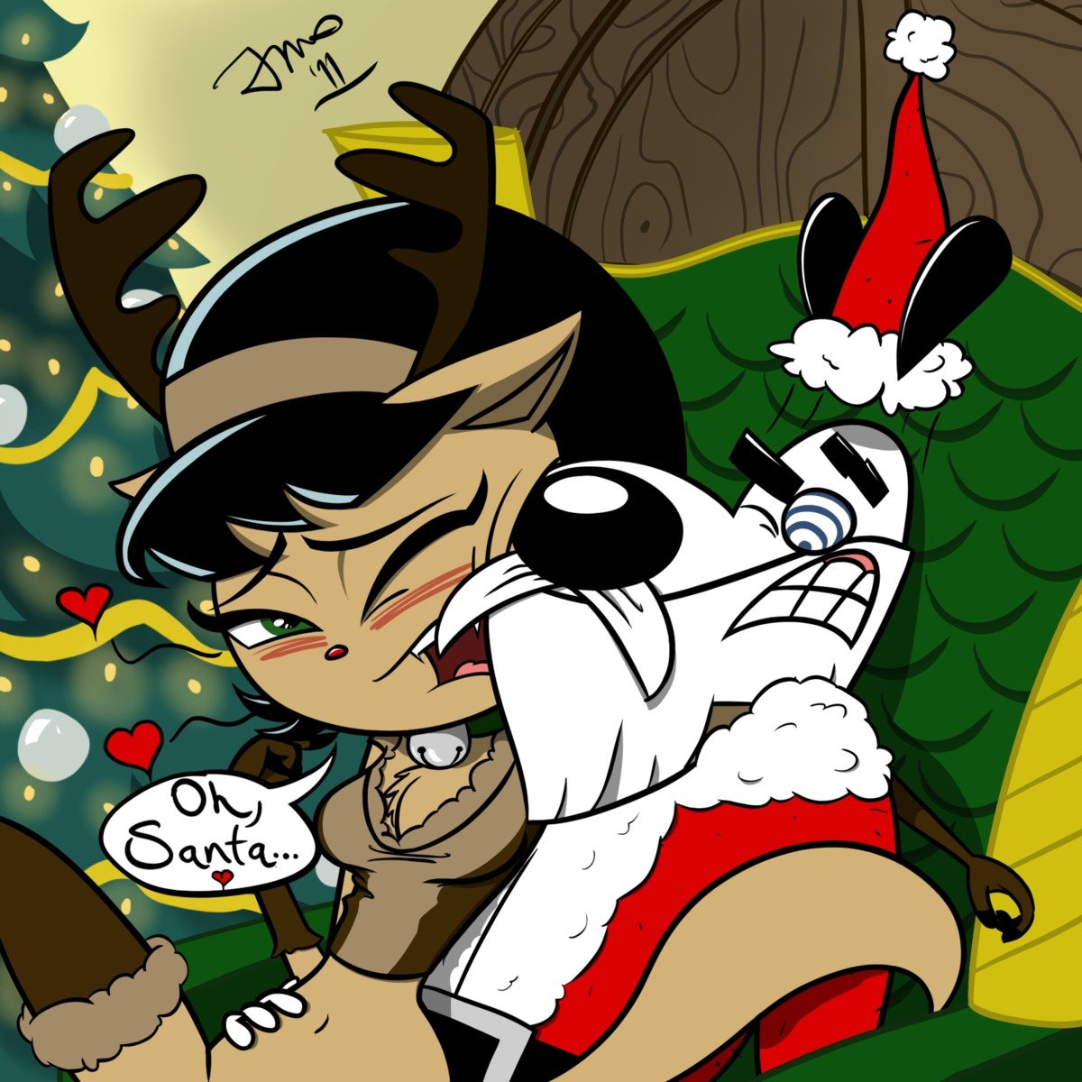 1:1 2011 accessory anthro antlers black_hair blush bottomless breasts canid canine canis christmas christmas_tree cleavage clothed clothing collar cosplay costume domestic_cat domestic_dog dudley_puppy duo e621 english_text fake_antlers fake_horns fangs felid feline felis female gloves green_eyes hair handwear hat headband headgear headwear heart_symbol hi_res holidays horn inside kitty_katswell legwear male male/female mammal nickelodeon on_bottom on_top one_eye_closed plant red_nose reverse_cowgirl_position rudolph_the_red-nosed_reindeer santa_claus sex stockings t.u.f.f._puppy tail teeth text themauvestorm tree wink