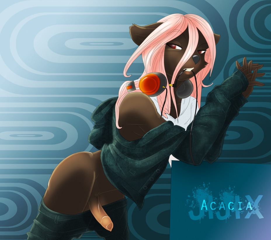 abstract_background acacia_prium anthro bottomwear brown_body brown_fur clothed clothing digital_media_(artwork) e621 electronics erection femboy foreskin fur genitals hair headphones headphones_around_neck humanoid_genitalia humanoid_penis long_hair looking_at_viewer male mammal marsupial pants penis pink_hair red_eyes simple_background solo teeth vagabond_(artist) vombatiform wombat