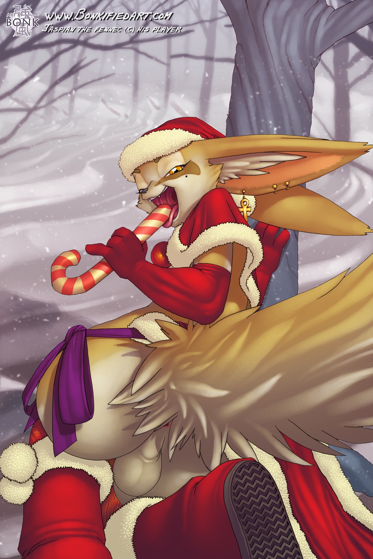 2:3 ankh anthro anus backsack balls bonk boots butt candy canid canine christmas clothing dessert digital_media_(artwork) e621 femboy fennec_fox fluffy fluffy_tail food footwear fox genitals gloves handwear hat headgear headwear hi_res holidays ineffective_clothing jaspian looking_at_viewer looking_back male mammal open_mouth piercing shoes solo tail tongue true_fox