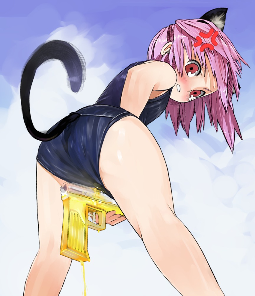 angry animal_ear ass blush female looking_back mitei one-piece_swimsuit pee peeing pink_eyes pink_hair rule34 swimsuit swimsuit_aside tail urination urine urine_in_container water_gun