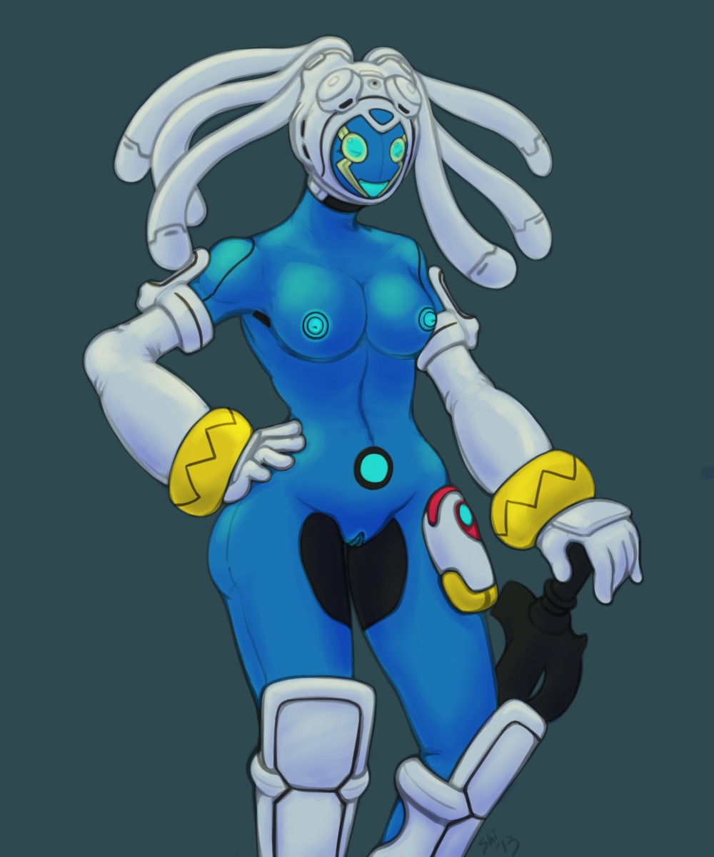 5:6 breasts crossgender e621 eyes_closed female genitals hi_res humanoid king_gainer machine mecha melee_weapon nipples not_furry nude overman_king_gainer robot simple_background smile solo super_robot sword vulva weapon yellowpower