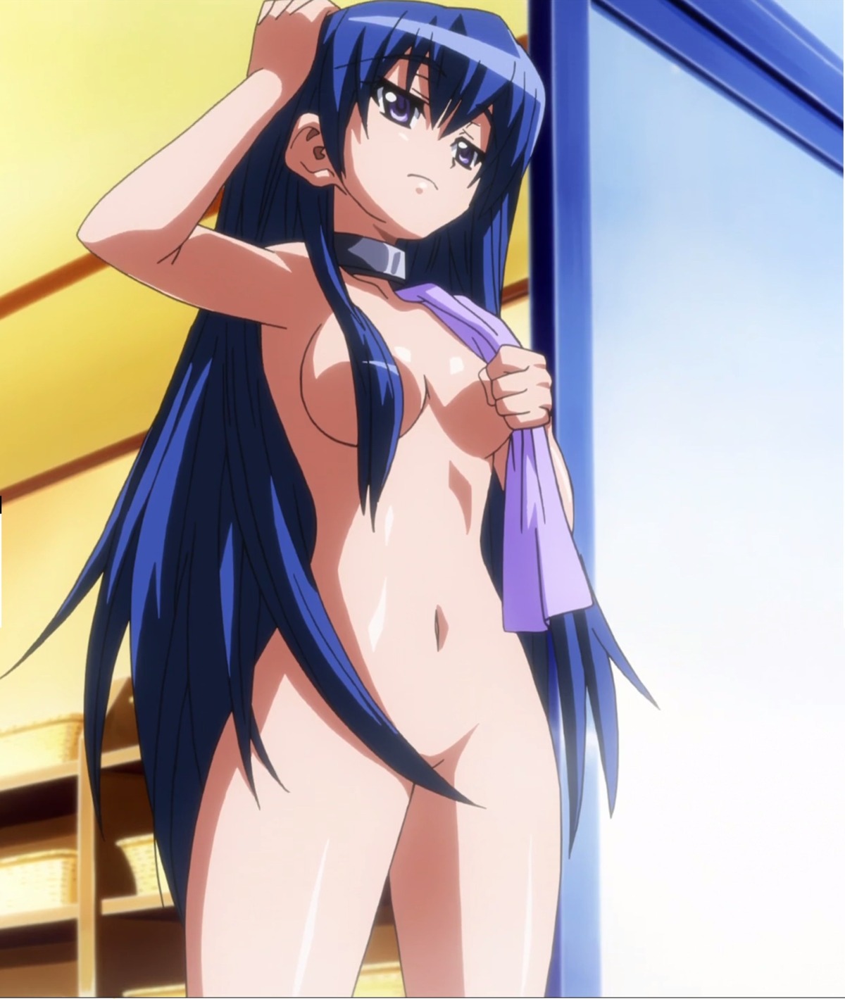 bath blue_hair breasts cleavage collar convenient_censoring edit eve_neuschwanstein female interior long_hair needless nude oppai rule34 screenshot towel