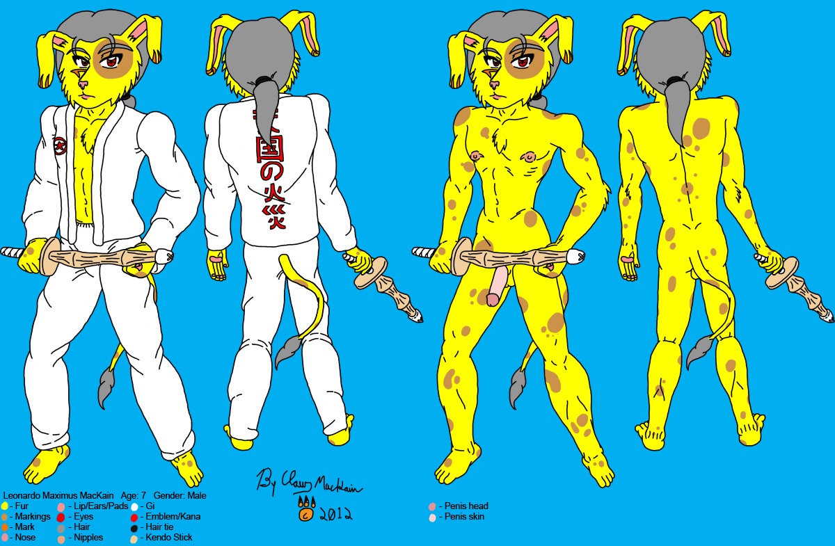 2012 anthro balls claw_mackain color_swatch e621 english_text genitals grey_hair hair half-erect humanoid_genitalia humanoid_penis hybrid keikogi lagomorph leonardo_mackain leporid male mammal martial_arts_uniform model_sheet nude penis practice_sword rabbit red_eyes solo sportswear tail text wooden_sword young young_anthro young_male