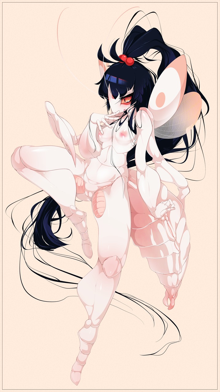 2014 4_arms anthro arthropod black_hair breasts e621 female flower_mantis genitals hair heart_symbol hi_res insect mantis multi_arm multi_limb nae nipples non-mammal_breasts non-mammal_nipples nude orchid_mantis slugbox solo vulva