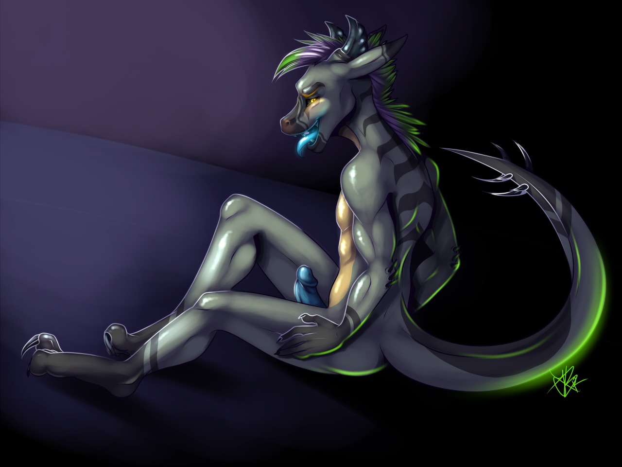 4:3 5_fingers anthro biped claws digital_media_(artwork) dragon e621 erection feet fingers fivel genitals glowing glowing_eyes green_hair hair horn humanoid_genitalia humanoid_penis looking_aside looking_at_viewer male multicolored_hair muscular muscular_anthro muscular_male mythological_creature mythological_scalie mythology nude open_mouth open_smile penis purple_hair scalie short_hair side_view sitting smile solo tail tongue tongue_out yellow_eyes
