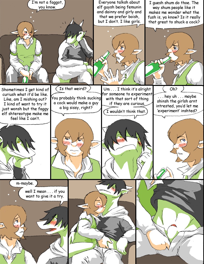 abstract_background alcohol animal_genitalia anthro beverage blush clothed clothing comic dialogue dranz_(reiger) drunk duo e621 elf english_text food freckles furniture genitals green_body green_scales horn humanoid kissing lizard long_ears male male/male multiple_scenes penis penis_tip reiger reptile scales scalie sheath simple_background sitting sofa substance_intoxication text willelm_(reiger)