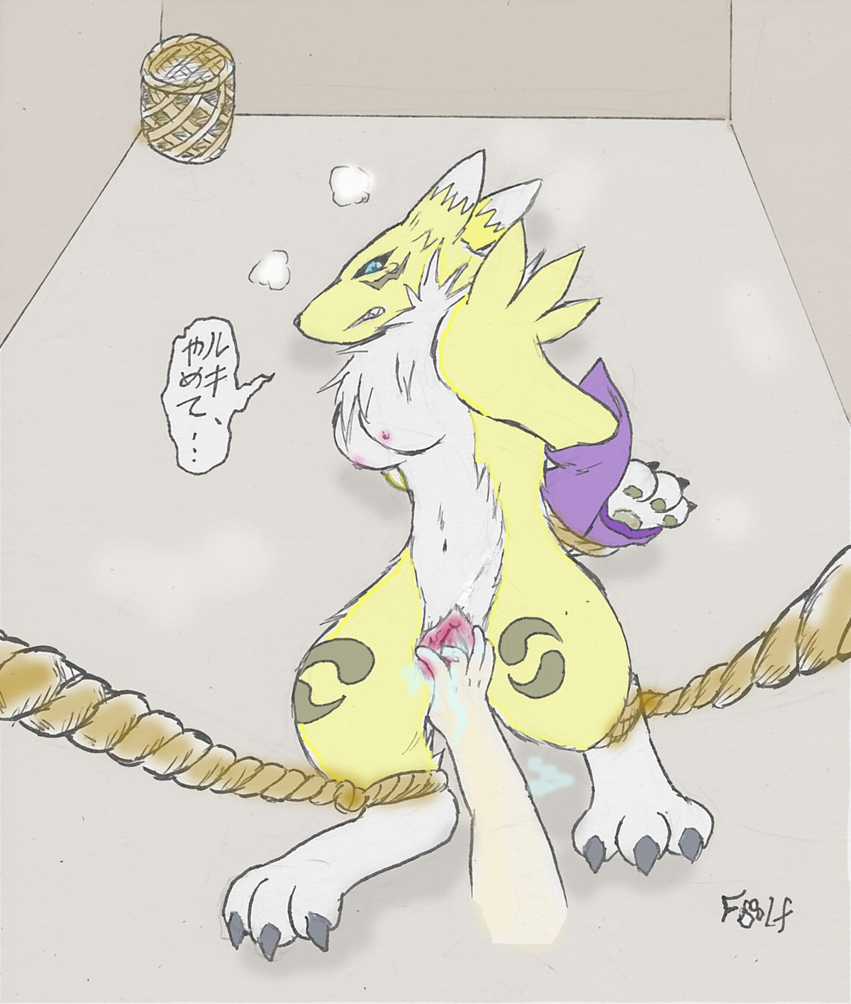 anthro bandai_namco basket bdsm black_nose black_sclera blue_eyes bodily_fluids bondage bound breasts canid canine chest_tuft claws clenched_teeth clothing container digimon digimon_(species) disembodied_hand duo e621 female fenrirschwart fingering fur genital_fluids genitals gloves hands_behind_back handwear hi_res japanese_text mammal navel nipples renamon rope solo_focus teeth text translated tuft unavailable_at_source vaginal_fluids vulva white_body white_fur yellow_body yellow_fur