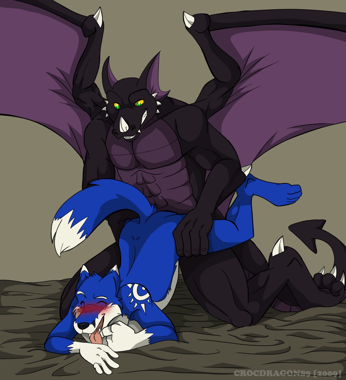 2009 3_toes abs anal anal_penetration anthro arms_bent bed bent_leg bent_legs biceps big_muscles black_body black_nose black_scales black_skin blue_body blue_fur blush canid canine canis claws clenched_teeth crocdragon89 digital_media_(artwork) dominant dragon duo e621 erection european_mythology eyes_closed fangs feet fox from_behind_position fur furniture genitals grabbing_both_legs grabbing_both_thighs green_eyes hands_on_legs hands_on_thighs hands_together hands_together_elbows_apart happy heart_symbol hi_res horn hybrid interspecies kneeling larger_dom larger_male leg_markings lifting lying male male/male male_penetrated male_penetrating male_penetrating_male mammal markings membrane_(anatomy) membranous_wings muscular muscular_male mythological_creature mythological_scalie mythology nik_(sonicfox) nude on_front one_calf_up open_mouth pecs penetration penis purple_body purple_skin raised_calf raised_tail scales scalie sex simple_background size_difference smaller_male socks_(marking) sonicfox spread_legs spread_wings spreading tail tattoo teeth toe_claws toes tongue tongue_out western_dragon wheelbarrow_position white_body white_fur wings wolf yellow_eyes zeke_(crocdragon89)