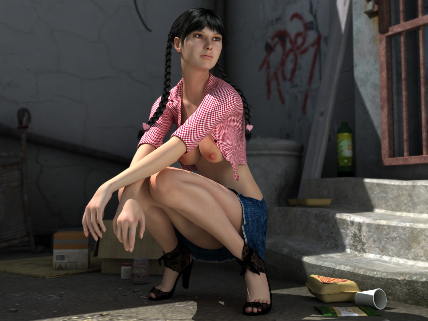 black_hair braids cg clothes color day female female_only human nipples open_clothes open_shirt oppai outdoors rule34 shirt skirt solo