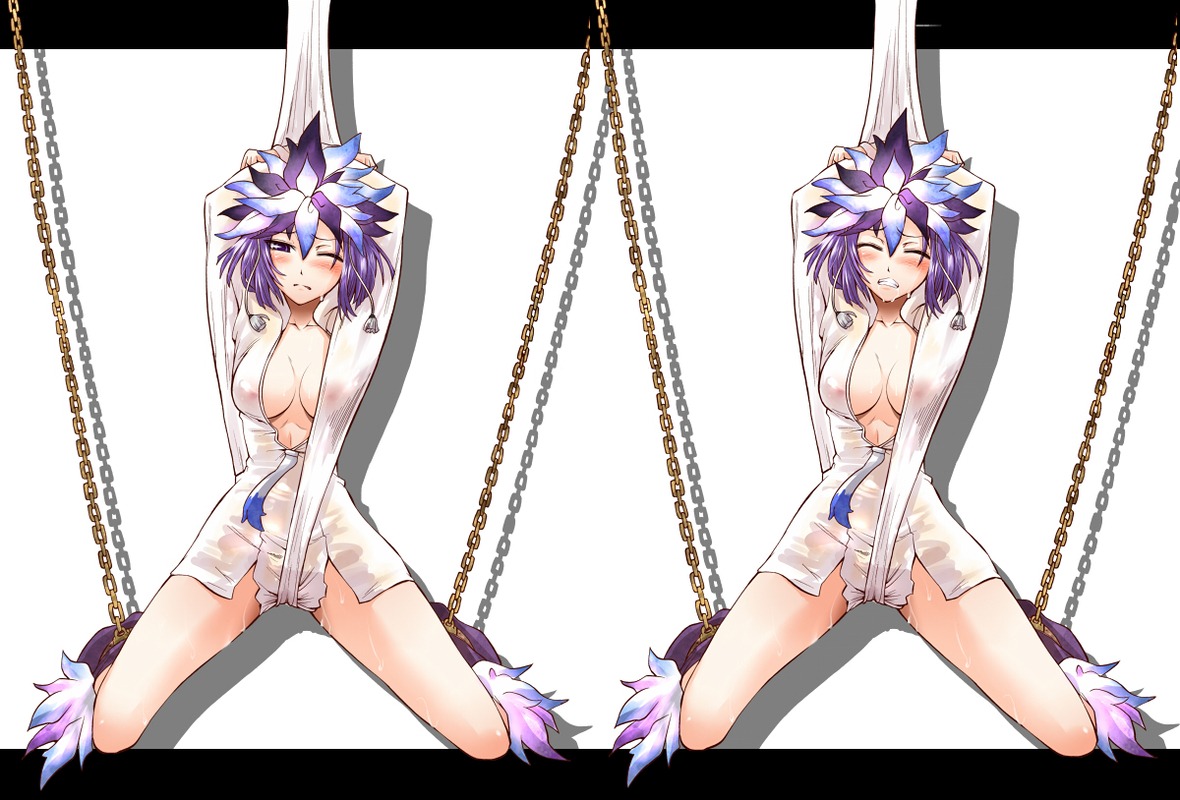 1girls alternate_costume blush chains closed_eyes clothing devil_survivor_(series) devil_survivor_1 feathers female headdress kuzuryuu_amane purple_eyes purple_hair rule34 segami_daisuke