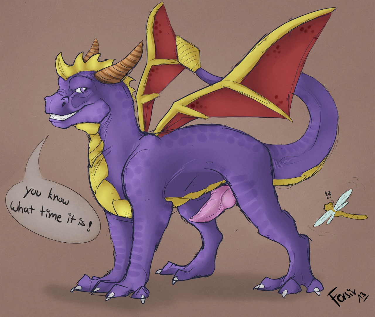 2013 activision arthropod dialogue dragon dragonfly duo e621 english_text erection european_mythology exclamation_point feral fersir genitals horn insect interrobang knot male membrane_(anatomy) membranous_wings multicolored_body multicolored_scales mythological_creature mythological_scalie mythology nude penis purple_body purple_scales question_mark scales scalie simple_background sketch solo_focus sparx spyro spyro_the_dragon standing tail text two_tone_body two_tone_scales western_dragon wings yellow_body yellow_scales