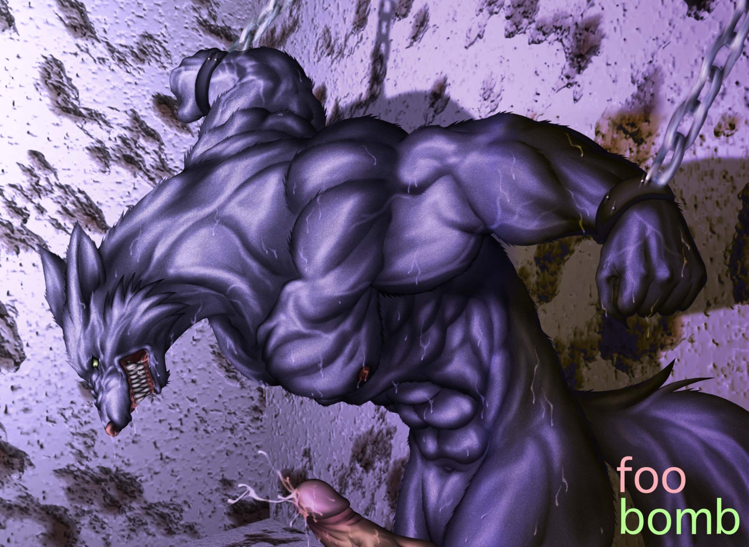 5_fingers abs angry anthro big_muscles blue_body blue_fur bodily_fluids bomb_(artist) canid canine canis chain cuff_(restraint) cum e621 english_text erection fingers fist fur genital_fluids genitals hi_res huge_muscles humanoid_genitalia humanoid_penis male mammal muscular muscular_anthro muscular_male nipples nude orgasm penis restraints shackles sharp_teeth solo spread_arms sweat tail teeth text wolf