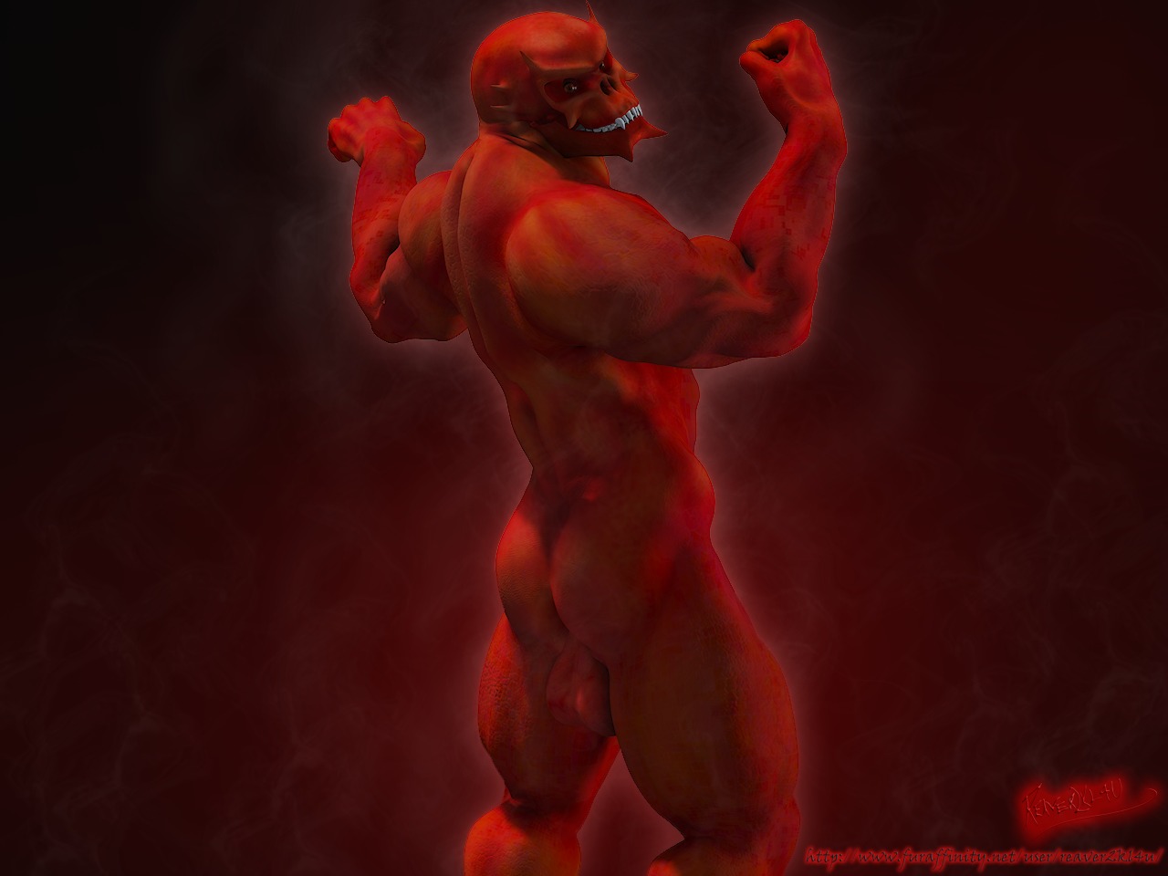 4:3 backsack balls biceps butt demon e621 flexing genitals humanoid looking_back male muscular muscular_humanoid muscular_male not_furry reaver reaver2kl4u red_background simple_background solo