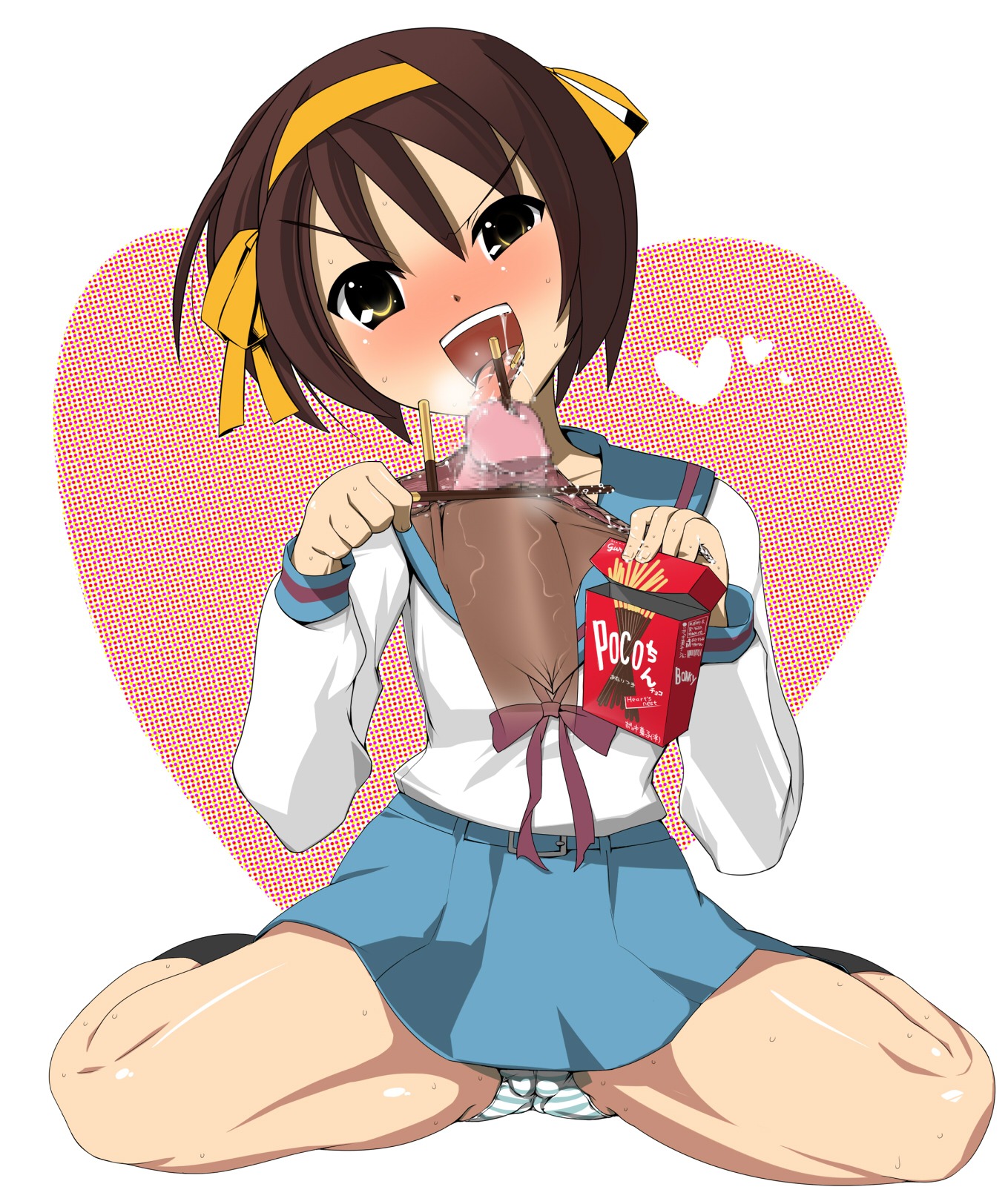 1boy 1girls balls censored clothing cock_and_ball_torture cock_and_balls_torture disembodied_penis female foreskin foreskin_pull hato highres insertion magic_penis male male_ryona male_urethral_insertion open_mouth oral panties pantyshot penile_urethral_insertion penis pocky rule34 school_uniform schoolgirl short_hair skirt spread_legs striped striped_panties suzumiya_haruhi suzumiya_haruhi_no_yuuutsu touhou_meikyuu uncircumcised underwear urethral_insertion urethral_penetration