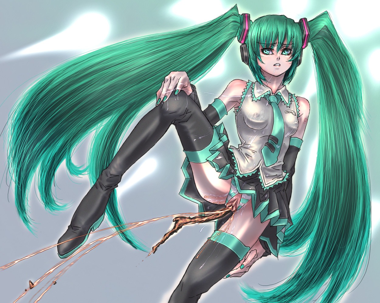 1girl aqua_hair boots breasts clothing_aside covered_nipples defecating defecation detached_sleeves erect_nipples erect_nipples_under_clothes female green_eyes green_hair hatsune_miku long_hair necktie painted_fingernails painted_nails panties panties_aside pee peeing pussy rule34 saliva saliva_string saliva_trail scat see-through shit shitting shitting_self skirt solo striped striped_panties tagme thigh_boots thighhighs twintails underwear very_long_hair vocaloid wet_clothes wrong_eye_color wrong_hair_color