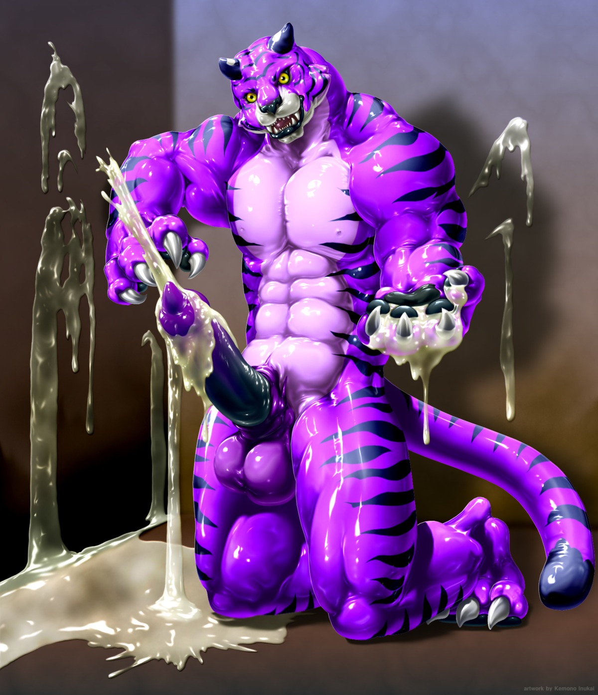 abs anthro balls biceps big_balls big_penis bodily_fluids cum cum_pool cumshot e621 ejaculation erection excessive_cum excessive_genital_fluids felid fur genital_fluids genitals hi_res hyper kemono_inukai latex male mammal muscular muscular_anthro muscular_male nipples orgasm pantherine pecs penis purple_body purple_fur solo stripes tail tiger