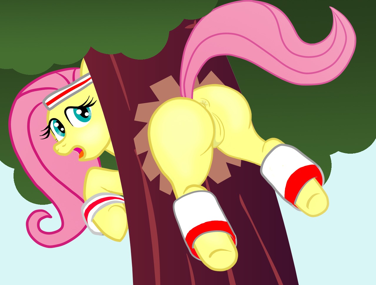 2012 anus bsting butt e621 equid equine exposed female feral fluttershy_(mlp) friendship_is_magic genitals hair hasbro horse mammal my_little_pony plant pony raised_tail solo stuck tail tree vulva