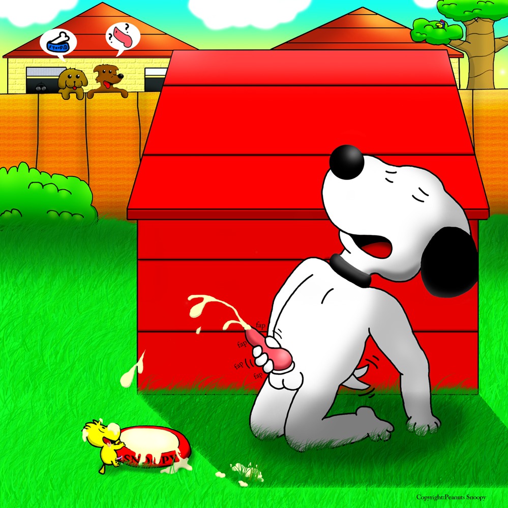 anthro beagle black_ears black_nose brown_fur bukkake canine cum_in_container cum_on_face cum_on_ground cum_on_tongue cumshot doghouse domestic_dog erection feral grass handjob holding_penis house kneeling male male_only orgasm_face peanuts penis precum_drip rule34 snoopy tagme tree white_fur woodstock yellow_feathers