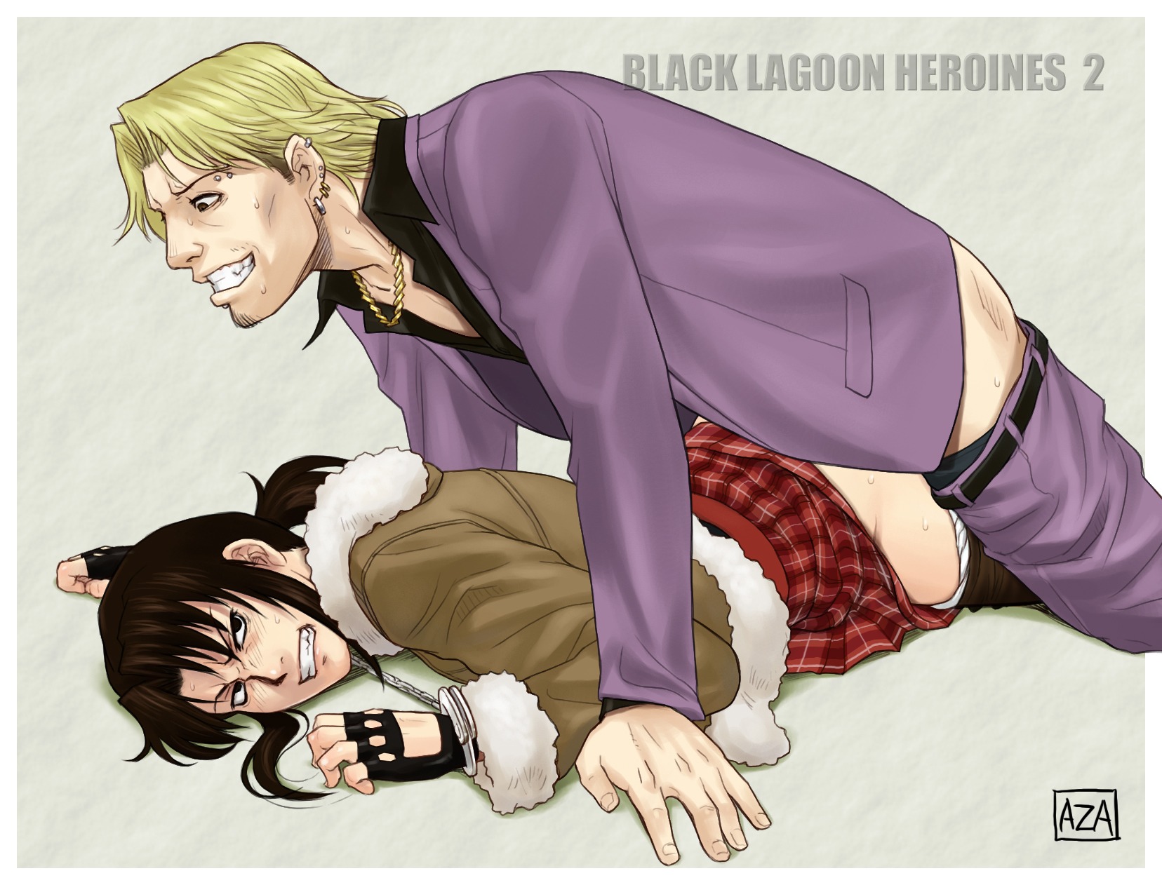 1boy angry azasuke belt black_lagoon blonde_hair bondage brown_eyes brown_hair business_suit chaka_(black_lagoon) clenched_teeth clothed_sex coat cuffs earrings female fingerless_gloves formal gloves goatee grin handcuffs highres jewelry long_hair lying male necklace on_stomach panties panty_pull rape revy rule34 sex shirt skirt skirt_lift smile suit sweat underwear white_panties yakuza