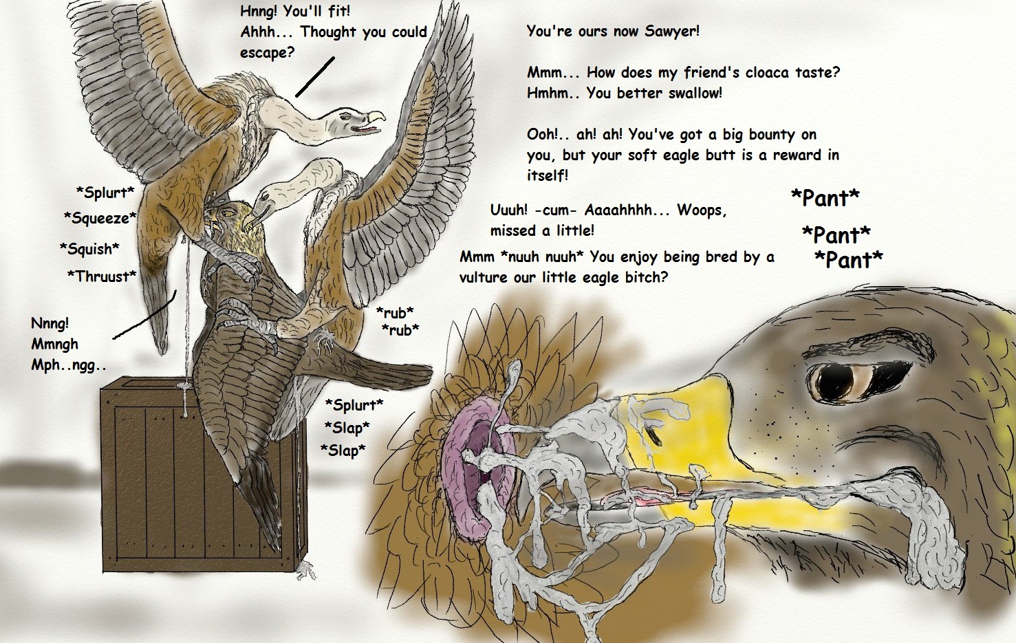 accipitrid accipitriform animal_genitalia avian avian_feet bird bodily_fluids claws cloaca cloacal cloacal_kiss close-up cum dialogue dominant dominant_male e621 eagle english_text feet feral ferobird genital_fluids genitals golden_eagle griffon_vulture group male male/male old_world_vulture profanity round_cloaca sawyer_(ferobird) sex talons text toe_claws toes true_eagle vulture