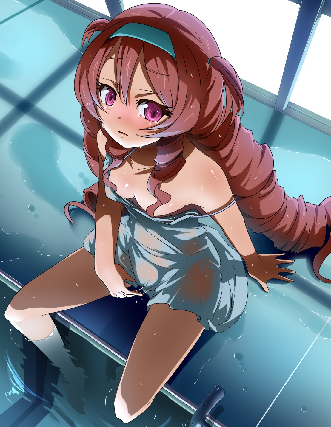 1girls bare_shoulders barefoot blush breasts brown_hair cleavage down_blouse dress drill_hair female from_above hairband highres long_hair masturbation no_panties off_shoulder open_mouth original pink_eyes purple_eyes pussy pussy_juice red_hair ringlets rule34 see-through side_ponytail sitting soaking_feet solo strap_slip umakatsuhai very_long_hair water wet wet_clothes