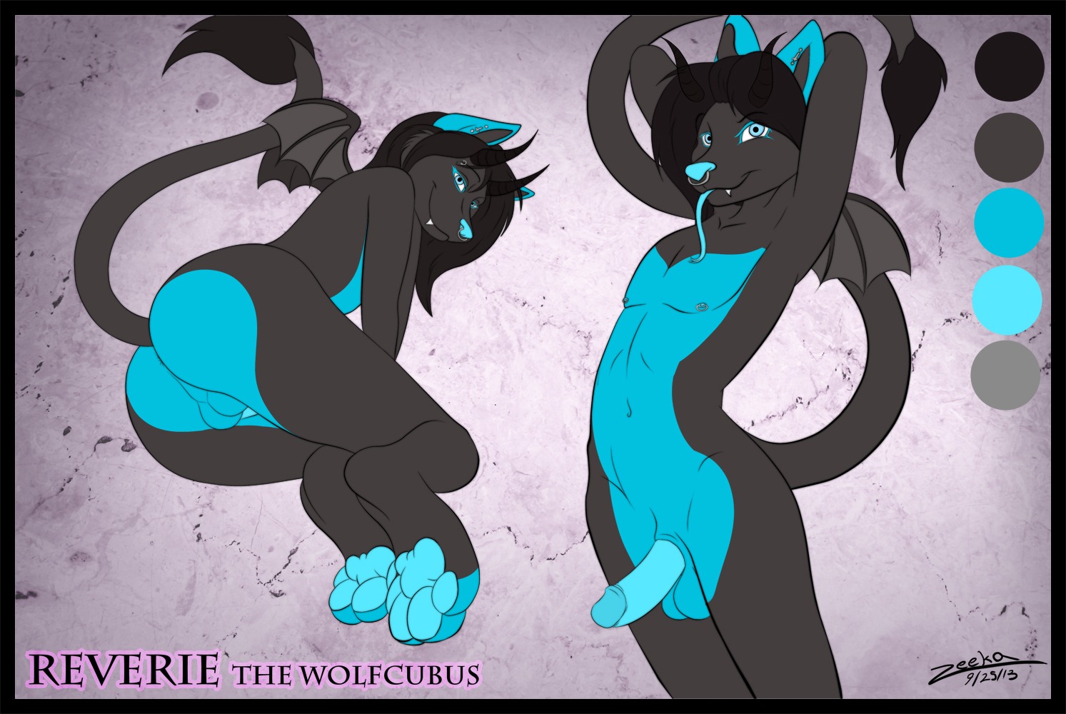 2013 anthro anus backsack balls bent_over big_butt biped black_hair blue_penis butt canid canine canis character_name color_swatch demon e621 ear_piercing erection eyebrow_piercing eyebrow_ring facial_piercing feet femboy forked_tongue genitals hair hindpaw horn humanoid_genitalia humanoid_penis long_hair long_tongue male mammal membrane_(anatomy) membranous_wings model_sheet multiple_piercings navel nipple_piercing nipples nose_piercing nose_ring nude paws penis piercing pose presenting presenting_hindquarters raised_tail reverie_(dreamsinscareden) ring_piercing septum_piercing septum_ring solo tail text tongue wings wolf zeeka