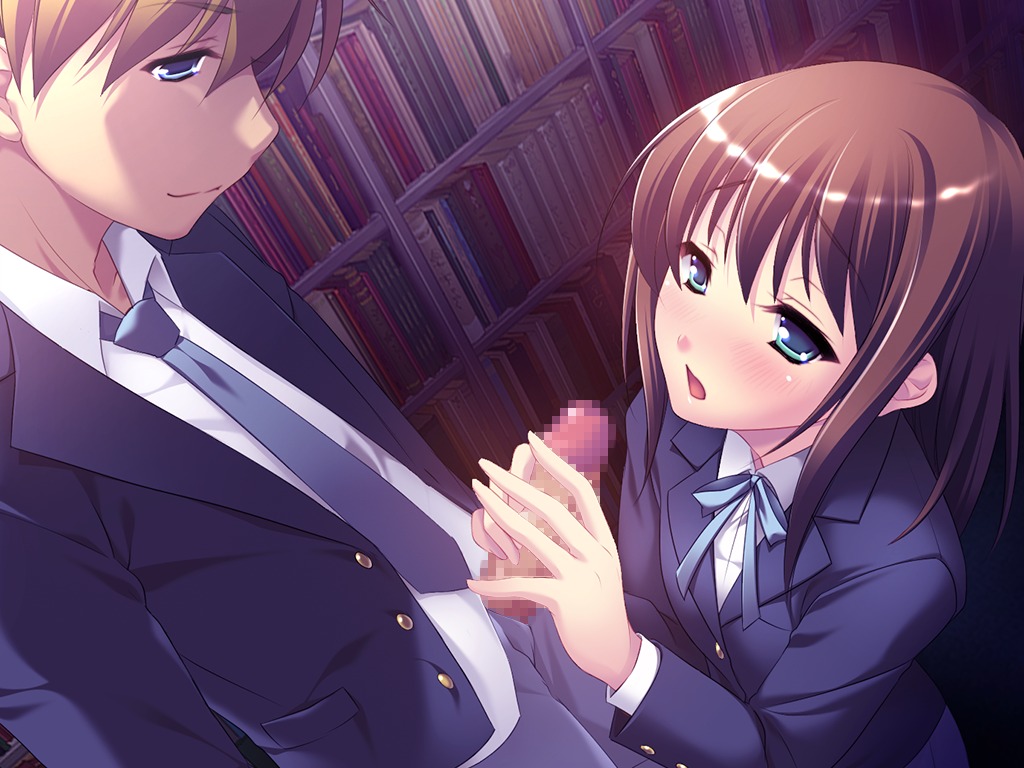 blush brown_hair censored character_request dieselmine female game_cg handjob hayami_chiho kimi_ga_ita_toshoshitsu male penis rule34 school_uniform seifuku source_request