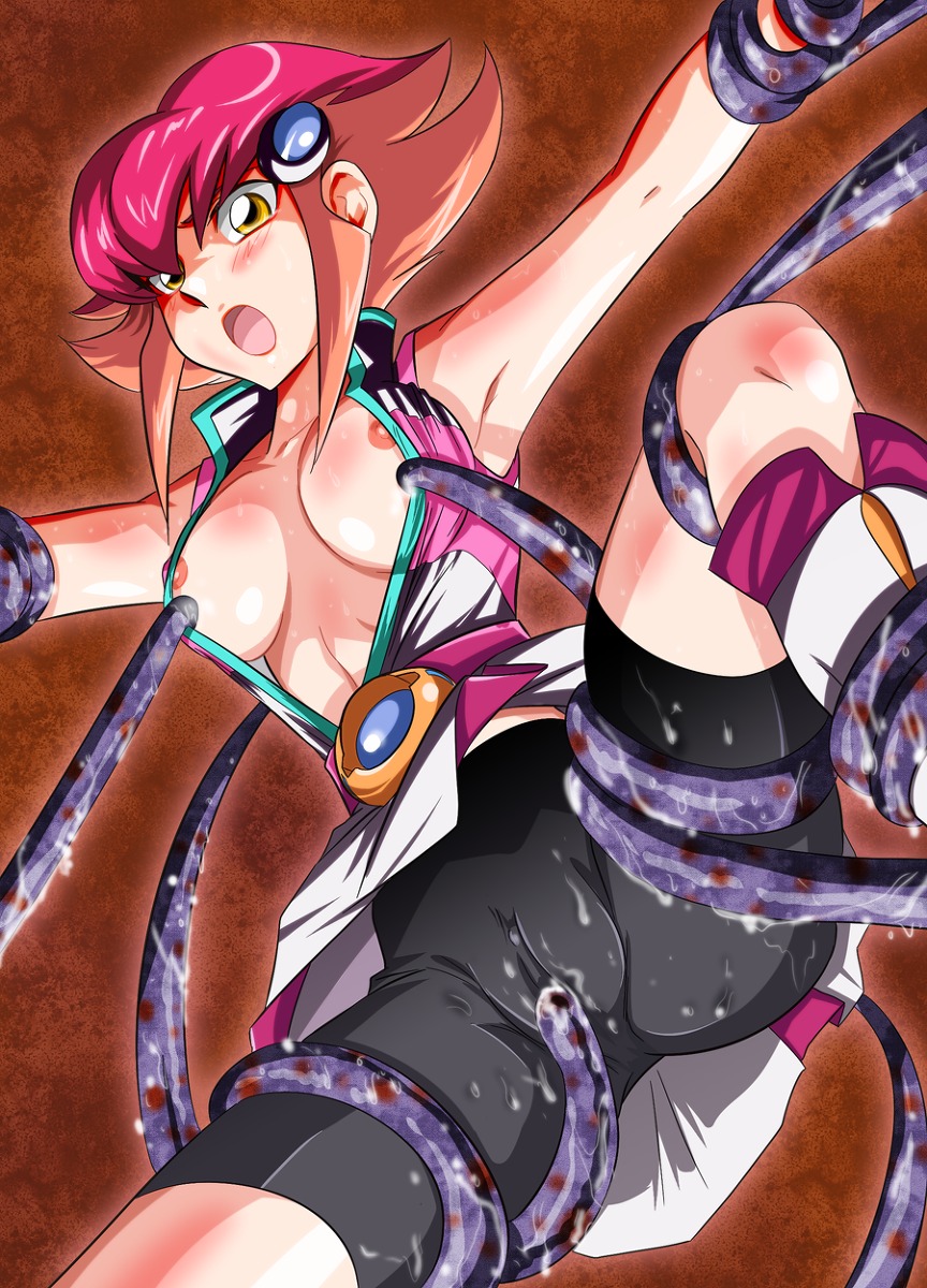 1girls anna_kozuki ashi_ura bike_shorts blush breasts cameltoe clitoris female hair_ornament hands highres huge_breasts nipples open_clothes open_mouth open_shirt pussy rape restrained_by_tentacles rule34 short_hair stripped_by_tentacles tentacle tentacle_on_pussy tentacles_around_arms tentacles_around_legs torn_clothes yellow_eyes yu-gi-oh! yu-gi-oh!_zexal