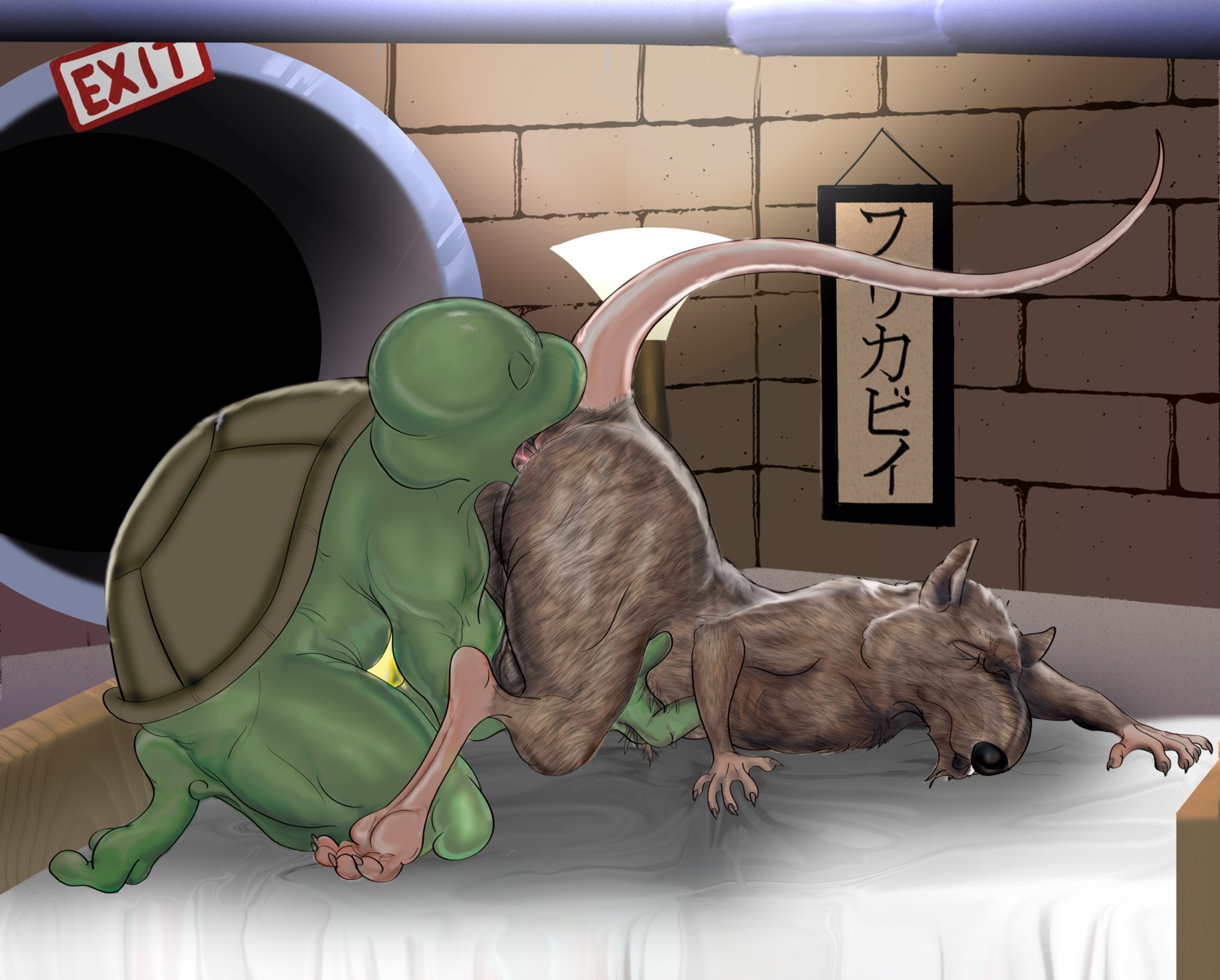2009 absurd_res adopted_(lore) adopted_son_(lore) adoptive_father_(lore) all_fours anal anthro anthro_on_anthro ass_up balls biceps brown_body brown_fur brown_rat deep_rimming duo e621 eyes_closed frickabee fur genitals green_body green_scales hi_res inside interspecies japanese_text kneeling lamp leonardo_(tmnt) licking male male/male male_penetrated male_penetrating male_penetrating_male mammal master_splinter murid murine muscular nude oral penetration pseudo_incest_(lore) raised_tail rat reptile rimming rodent scales scalie sex side_view tail teenage_mutant_ninja_turtles teenage_mutant_ninja_turtles_(1987) teeth text tongue tongue_out turtle whiskers